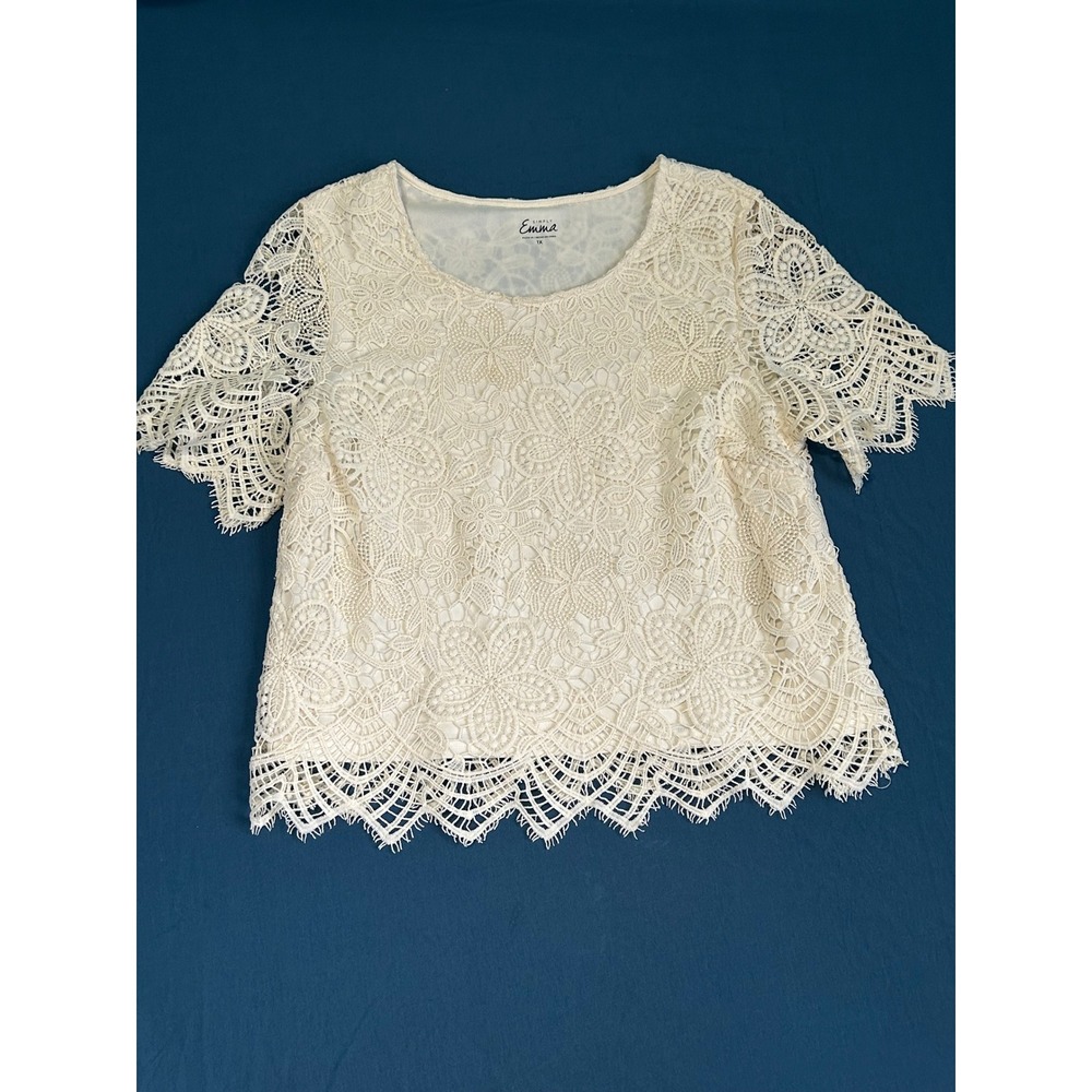 Simply Emma Womens Floral Lace Overlay Top Ivory Short Sleeve Scoop Neck 1X